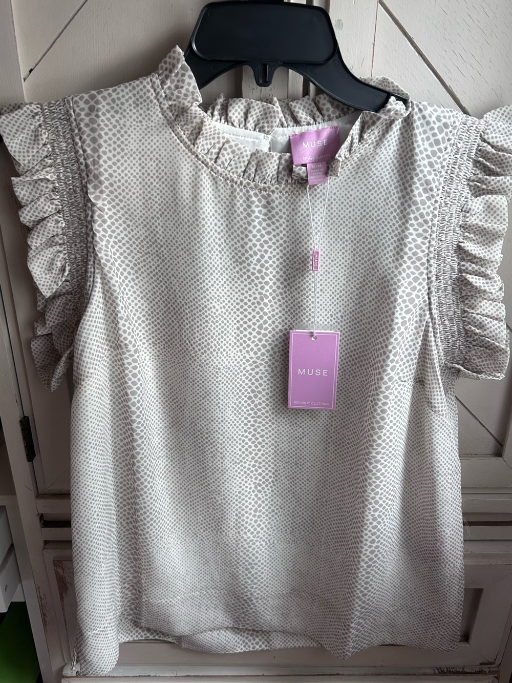 MUSE Cream and Taupe Snake-Print Ruffle Sleeve Blouse